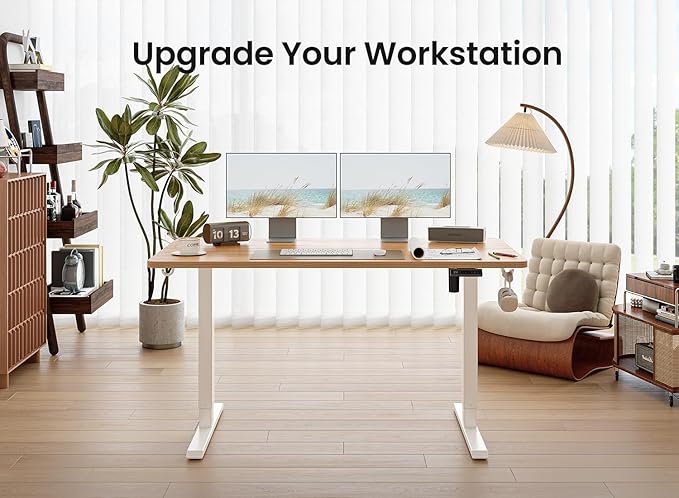 BANTI 55 × 24 Inches Standing Desk, Ergonomic, Electric Height Adjustable, Sit and Stand Up, Computer Office Desk with Splice Board, White Frame/Light Rustic Top