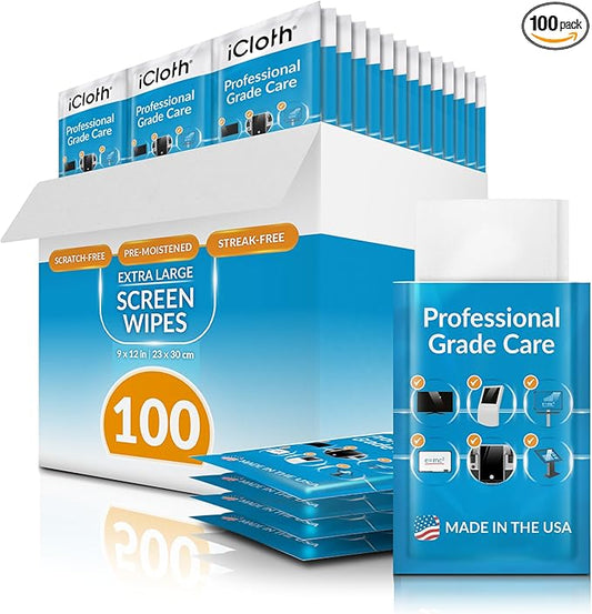 iCloth XL Screen Cleaning Wipes, Lint-Free and Streak-Free, Fast-Drying, Removes Dust, Fingerprints, and Smudges (100 XL Wipes)
