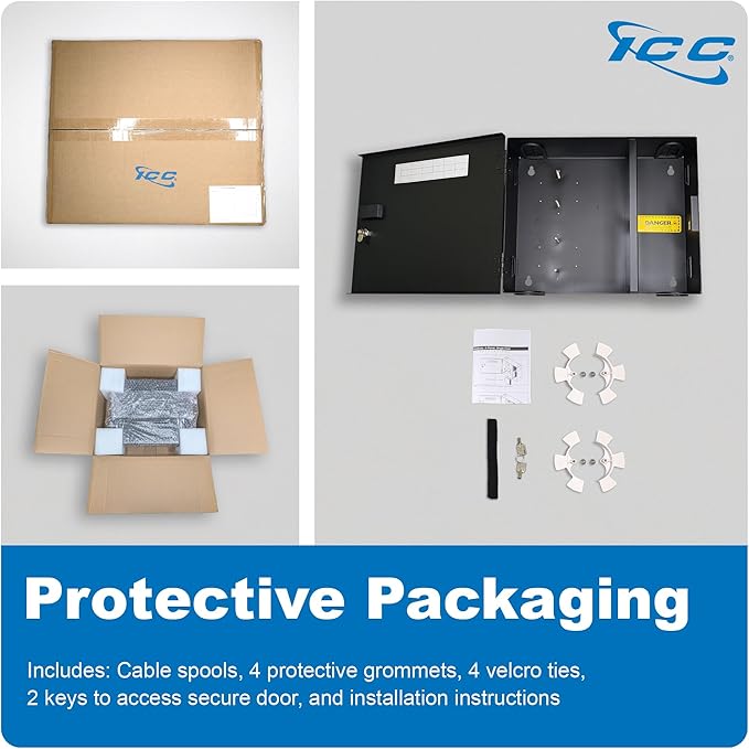ICC Fiber Optic Wall Mount Enclosure – 4 Slots for LGX Compatible Adapter Panels or Cassettes (Sold Separately), Fiber Enclosure Supports up to 96 Fibers, Secure Fiber Management Solution, ICFODE41WM