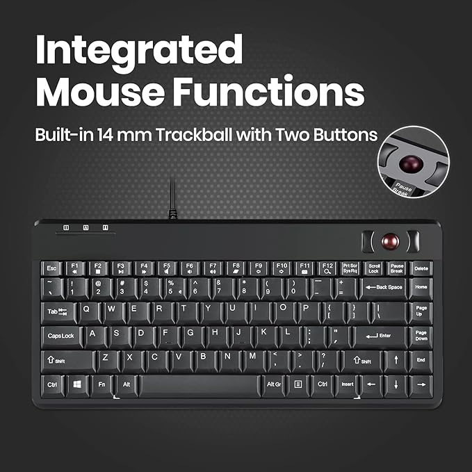Perixx PERIBOARD-505H Wired Mini Keyboard with Built-in Trackball, 0.55 Inch Trackball and 2 USB Hubs, Black, US English Layout