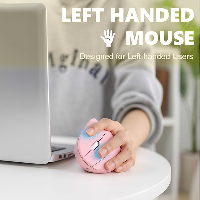 Urby Left Handed Mouse, Vertical Left Handed Ergonomic Wireless Mouse, Ideal for Lefty Users, Gaming & Office Use, Compatible with Windows/macOS/iPadOS. Pink