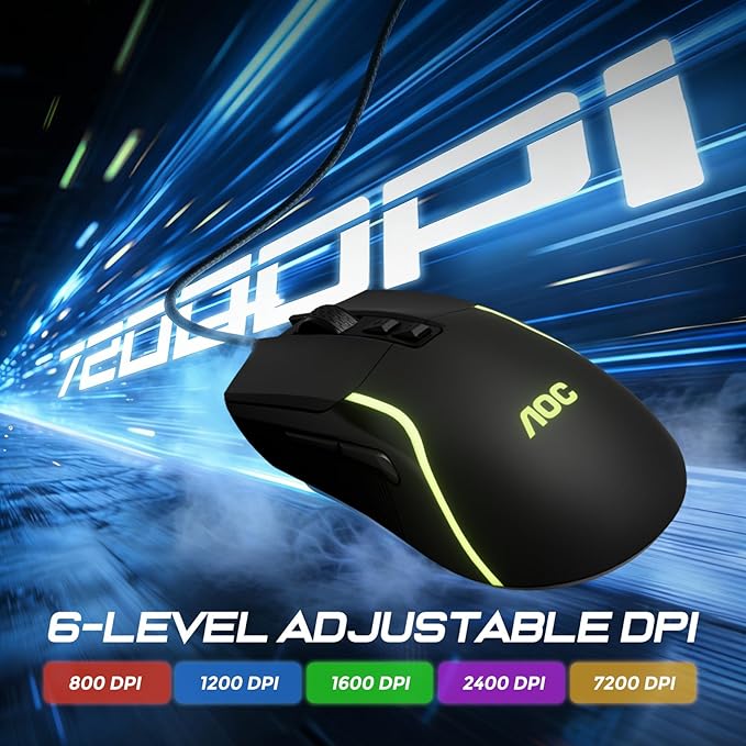 AOC GM170 Wired Gaming Mouse, Black Ergonomic Gamer Corded Mouse USB Computer Mouse Wired with 7 Buttons, Adjustable 7200DPI Optical Game Mice RGB Lighting for PC Laptop Desktop