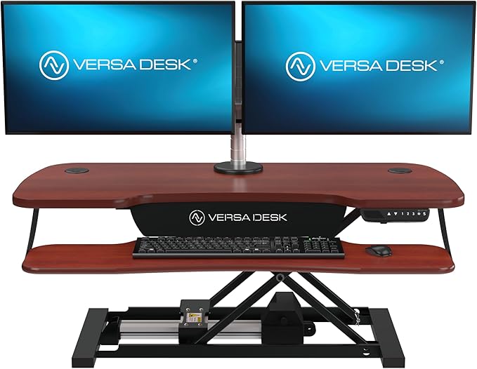 VERSADESK® PowerPro™ Elite 48” x 24” Standing Desk Converter | 48 Inch Electric Height Adjustable Sit to Stand Desk Riser w/Keyboard Tray & USB Hub - Ergonomic Workstation for Home & Office, Cherry
