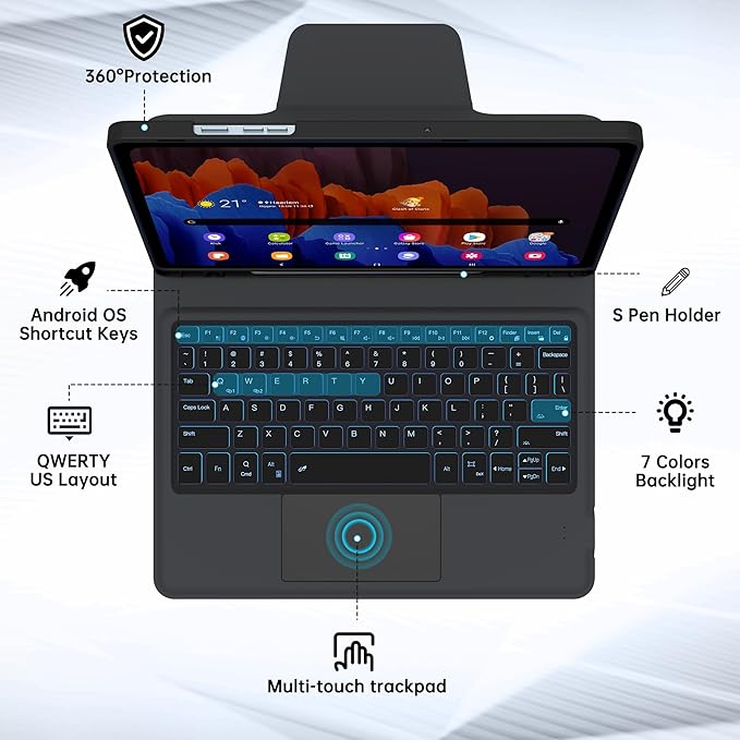 Keyboard Case for Samsung Tab A11+ Plus/A9+ Plus 11": 7 Colors Backlit Trackpad Keyboard for 11inch Galaxy Tab A9+ A11 Plus | Smart Touch Wireless Keyboard Folio Book Cover with Pen Holder & Kickstand