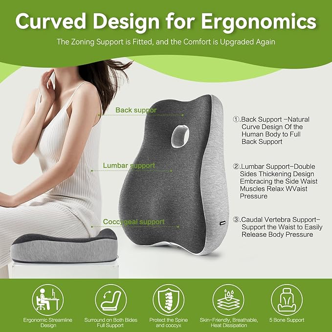 Seat Cushion & Lumbar Support Pillow Set for Office Chair, Back Pain, and Tailbone Discomfort with Lumbar Support Pillow and Seat Cushion - Perfect for Home, Office, and Gaming Chairs Chair Cushion