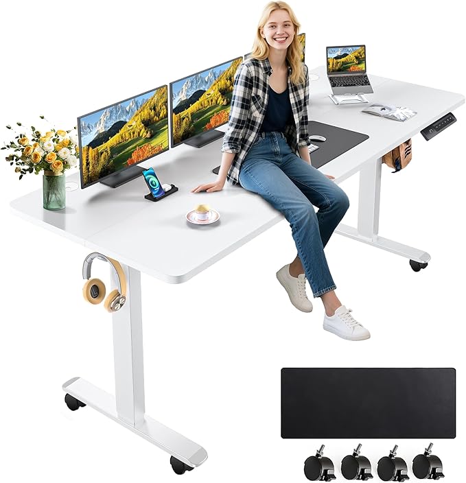 farexon Electric Standing Desk Adjustable Height, 63x24 Inches Stand up Desk with Rolling Wheels, Mouse Pad,Home Office Writing Gaming Computer Workstation Table(White)