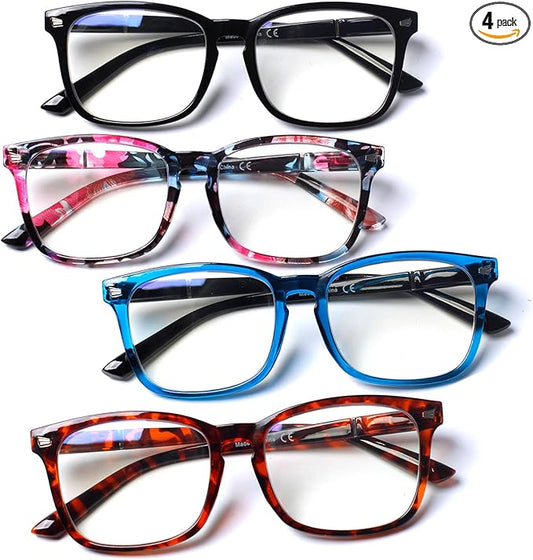 Henotin 4-Pack Blue Light Blocking Reading Glasses Women Men,Spring Hinge Computer Readers,Anti UV Ray Square Nerd Eyeglasses (Mixed Color-C, 0.00)
