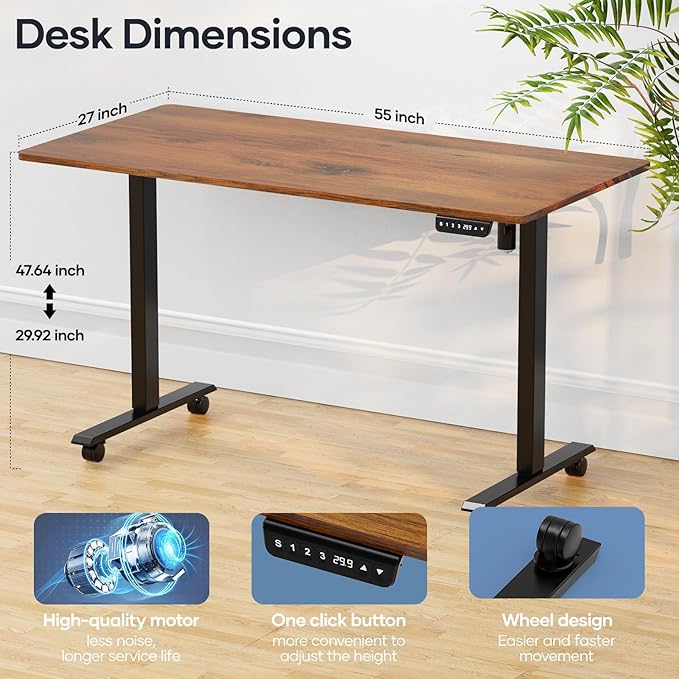 Crenova Electric Standing Desk Adjustable - 55 x 28 Inches Computer Home Office Stand Up Desk, Whole-Piece Sit Stand Studying Gaming Table(Vintage Brown)