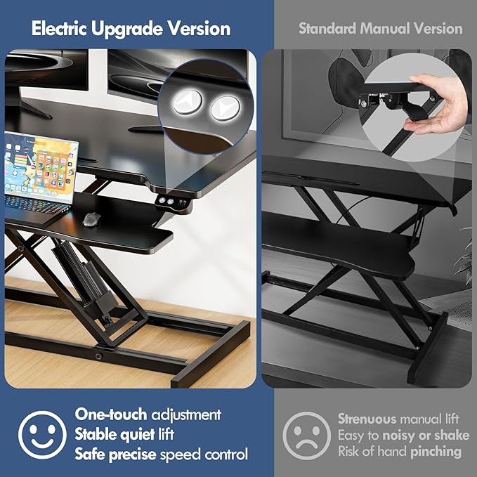 32" Electric Standing Desk Converter, Height Adjustable Sit to Stand Up Desk Riser with Large Keyboard Tray, Dual Monitor and Laptop Motorized Desktop Workstation for Home & Office, Black