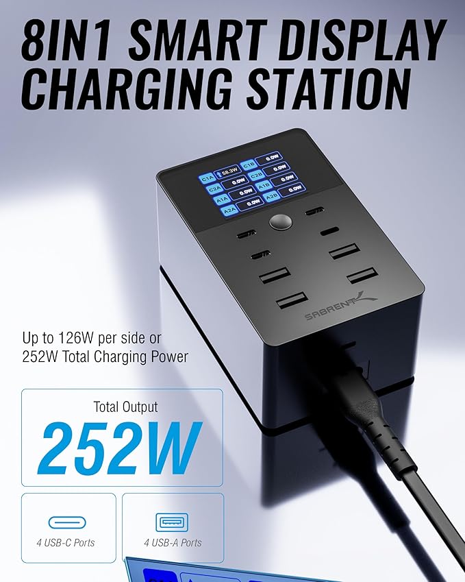 SABRENT VOLTIK Charging Station, 252W 8-Port USB C and USB A Desktop Charger, UL Certified with Real-Time LCD Display, Fast Charging for MacBook, iPhone, Samsung and More