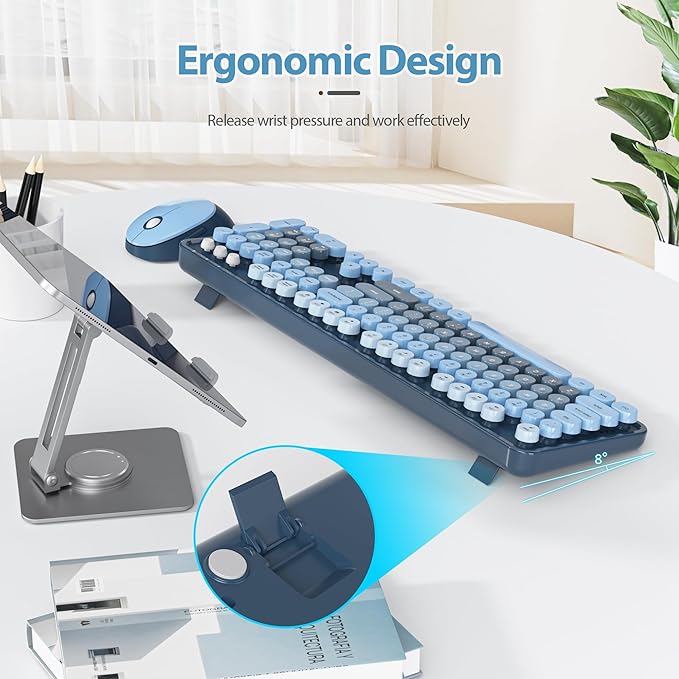 Blue Keyboard and Mouse Combo Wireless, 2.4G Full Size 104-Key Retro Typewriter Keyboards Round Keys for Students Teenagers Home Office PC Laptop(Ocean Blue)