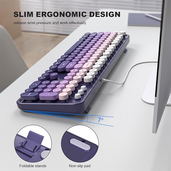 KNOWSQT Wired Computer Keyboard - Purple-Gradient Colorful Retro Full Size Round Keycaps Plug and Play Typewriter Cute Keyboards for Windows, Laptop, PC, Desktop, Computer