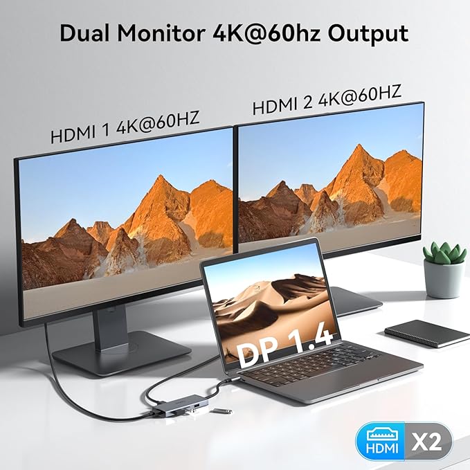 USB C Docking Station Dual HDMI Monitor 4K 60 Hz USB C to Dual HDMI Adapter with 2 hdmi Ports, USB-C Hub 2 Monitors with 3 USB Port PD Charging Compatible for Dell XPS HP Surface etc