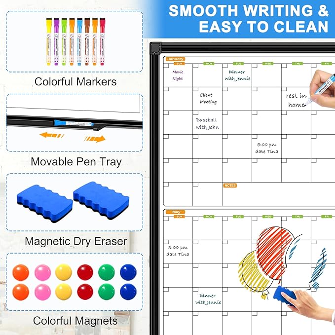 12 Month Calendar Whiteboard for Wall, 72" x 40" Large Wall Calendar Dry Erase with Tray, Magnetic Dry Erase Calendar for Wall Mounted Bulletin Board for Home Classroom Office Organization