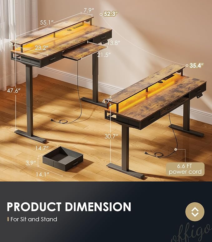 OffiGo Electric Standing Desk with Drawers & Keyboard Tray, 63 Inch Height Adjustable Desk with Power Outlets & LED Lights, Sit Stand Table with Monitor Stand for Home, Office, Rustic Brown