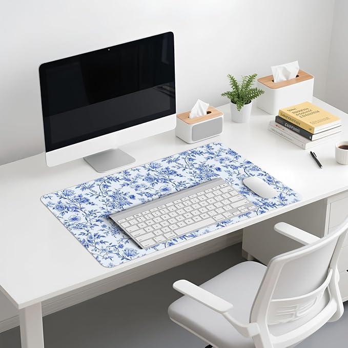 Light Blue Chinoiserie Mouse Pad,Vintage Blue And White Floral Desk Mat,XL Large Vintage Floral Preppy Mouse Pad,Girly Gaming Mousepad,Girly Laptop Desk Mat For Dorm Home Office,23.6x11.8 Inch
