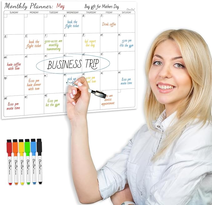 Non-Magnetic Dry Erase Calendar for Fridge - Reusable Monthly Calendar Sticks to Most Smooth Surfaces - 6 Dry Erase Markers Included - Shipped Flat
