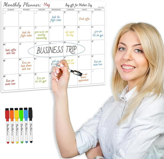 Non-Magnetic Dry Erase Calendar for Fridge - Reusable Monthly Calendar Sticks to Most Smooth Surfaces - 6 Dry Erase Markers Included - Shipped Flat