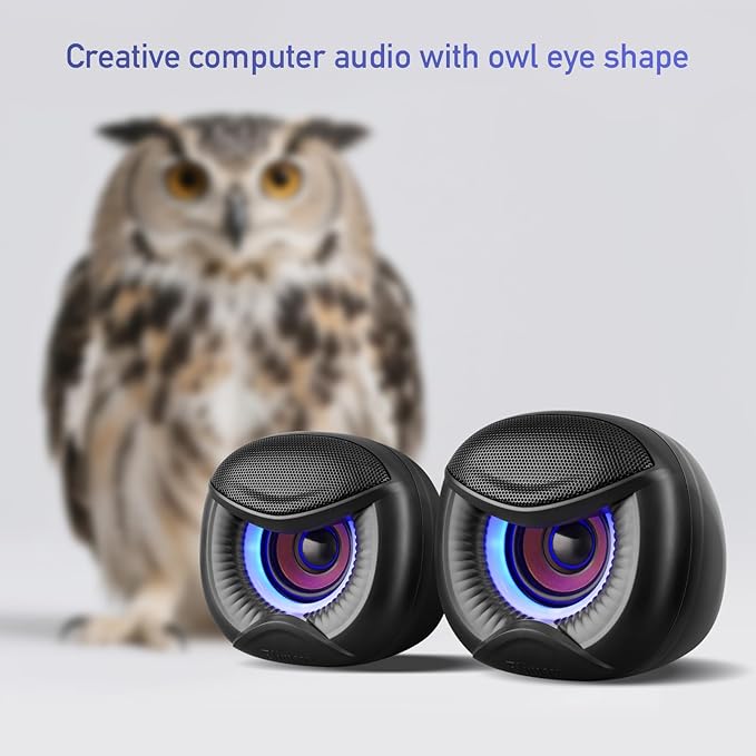 USB Computer Speakers, 3.5mm Aux Speaker and USB Powered Interface are Suitable for Desktop Laptop Monitor, Owl Eye Design, Includes a USB-C Adapter, Blue Lights