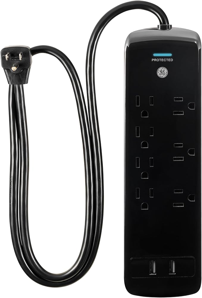 GE Pro 7-Outlet Surge Protector, 2 USB Ports, 3 Ft Extension Cord, 1780 Joules, 2.1 AMP/10 Watt, 3 Adapter Spaced Outlets, Flat Plug, Wall Mount, Warranty, ETL Listed, Black, 37054