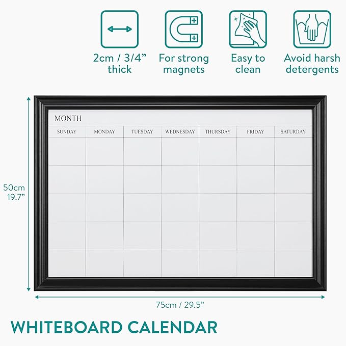 Navaris Framed Calendar Whiteboard for Wall - 29.5" x 19.7" Magnetic Dry Erase Monthly Planner - White Board with Frame - Includes Magnets and Marker