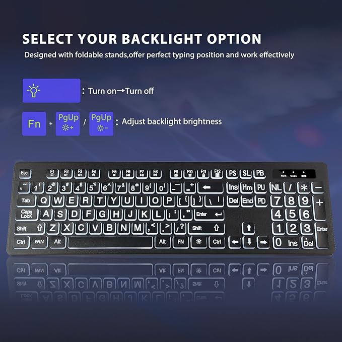 Wireless Keyboard and Mouse - Large Print Wireless Keyboard, KOPJIPPOM 2.4G Full Size Keyboard and Mouse Set with Big Letters and Backlight Key for Seniors, Compatible for Windows, Laptop, PC, Black