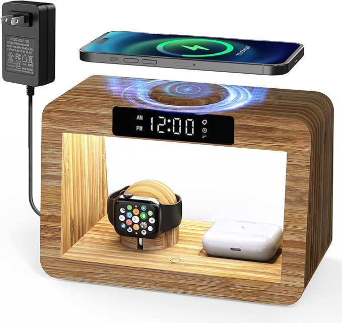 Bamboo Wireless Charging Station with Alarm Clock & Night Light, 3 in 1 Charging Station for iPhone 17/16/15/14/13/12/11 Pro Max/X/Xs, AirPods 4/3 & AirPods Pro 3/2/1/, Apple Watch Series