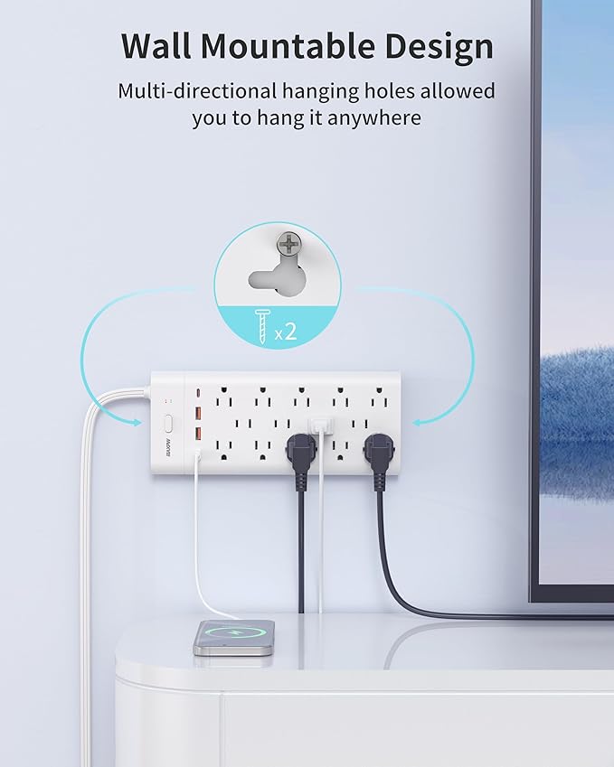 Power Strip Surge Protector with 14 Outlets and 4 USB Ports (2 USB C), 6 Ft Flat Plug Heavy Duty Extension Cord, 1700 Joules, Wall Mount for Home, Office, Gaming Room,Dorm, White