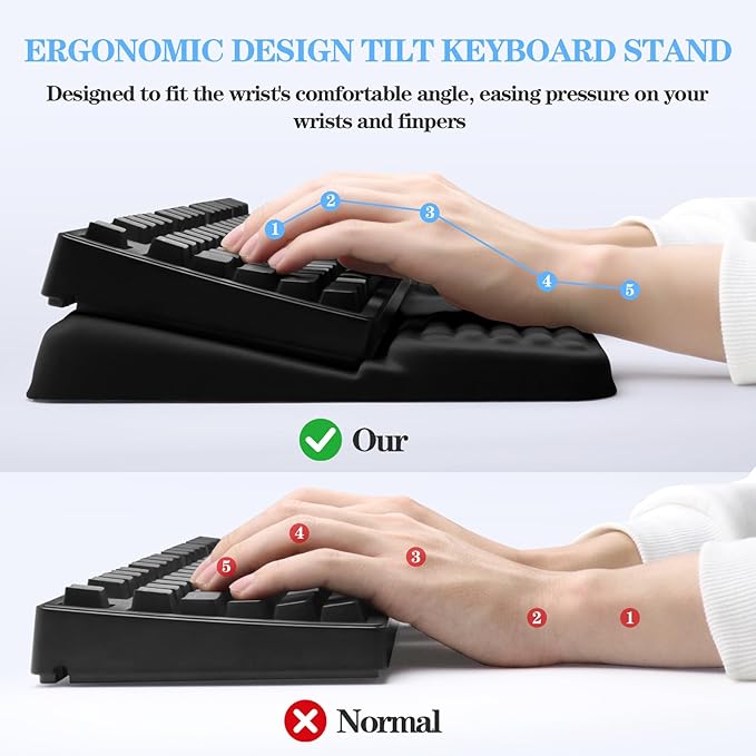 Keyboard Stand with Wrist Rest, Computer Wrist Support Pad, Ergonomic Comfy Tilted Keyboard Holder Lift Tray with Wrist Pad, Soft Memory Foam Desk Cushion for Office Home (Black)