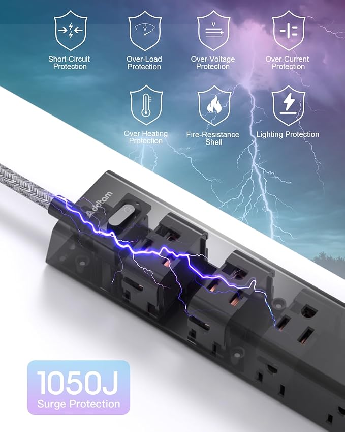 Surge Protector Power Strip - 25 FT Extension Cord, Power Strip with 12 Widely AC Outlet 3 USB, Flat Plug Wall Mount Overload Protection, 1050J, Desk Charging Station for Home Office, ETL Listed,Black
