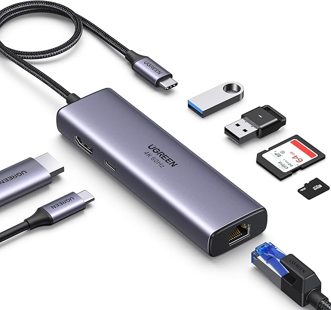 UGREEN Revodok 7 in 1 USB C Hub Gigabit Ethernet Adapter 4K@60Hz HDMI, 100W PD Charging, USB A Data Ports, SD/TF Card Reader Compatible with Mac M1, M2, M3, iPad, iPhone 15 Pro/Pro Max, Steam Deck