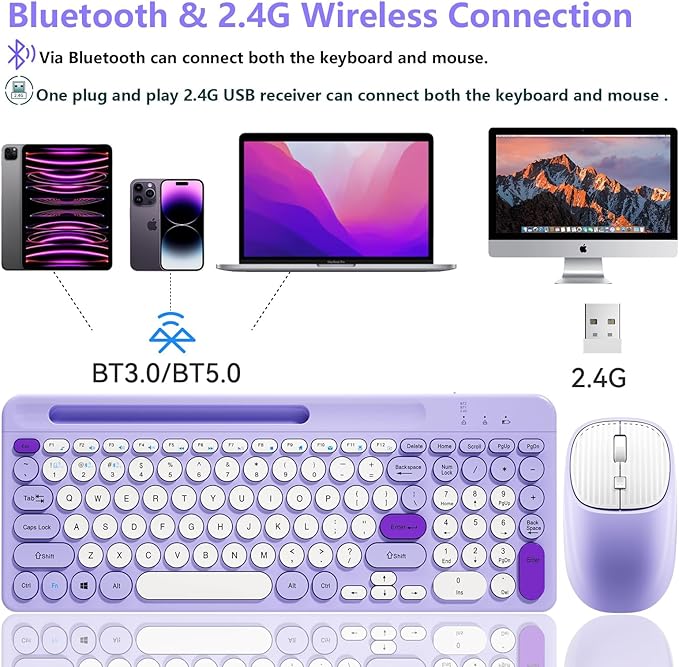 Bluetooth Keyboard and Mouse Wireless, Multi-Device Rechargeable Keyboard and Mouse Combo with Phone Holder (Bluetooth 5.0+3.0+2.4GHz) Quiet Ergonomic Compatible with Mac/Windows/iOS/Android