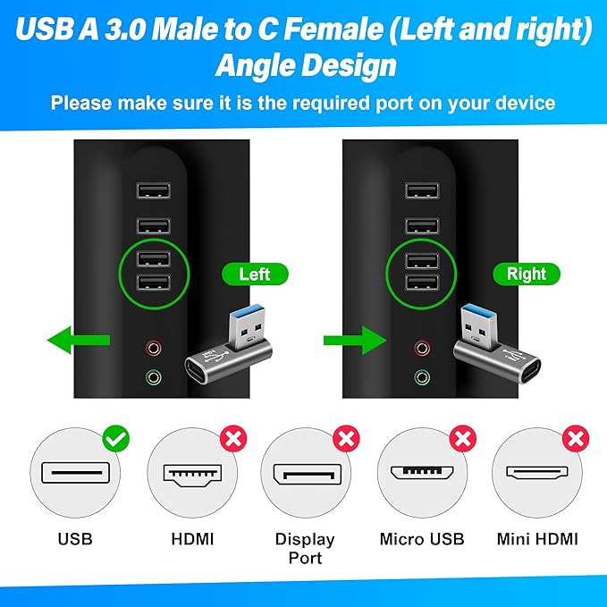 90 Degree USB to USB C Adapter 2 Pack,Middle Left and Right Angle USB C Female to A Male Charger Connector Converter USB L Shape Extender, Support Charge & Data Sync for PC, Laptop, Mouse, Keyboard