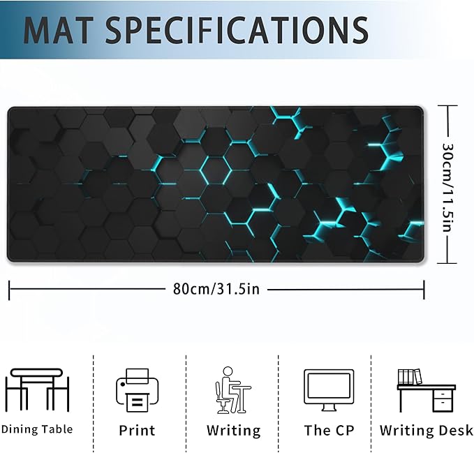 Gaming Mouse Pad, Blue Honeycomb Science Technology Extended Mouse Pad Gaming Large,Big Desk Mat with Non-Slip Base and Stitched Edge,Long Computer Keyboard Mouse Mat for Home Office Work 31.5"x11.8"