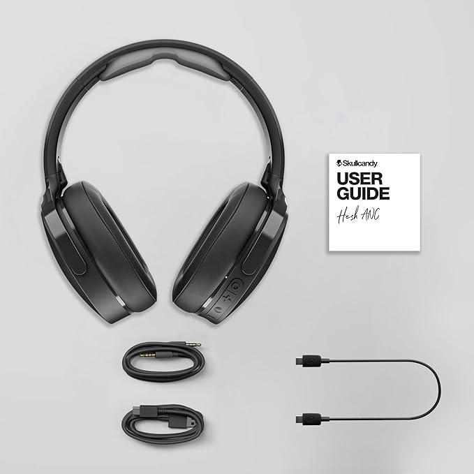 Skullcandy Hesh ANC Wireless Over-Ear Bluetooth Headphones with Extra USB-C Charging Cable, Active Noise Canceling, 22 Hrs Battery, Foldable Lightweight Design, Microphone iPhone Android - True Black