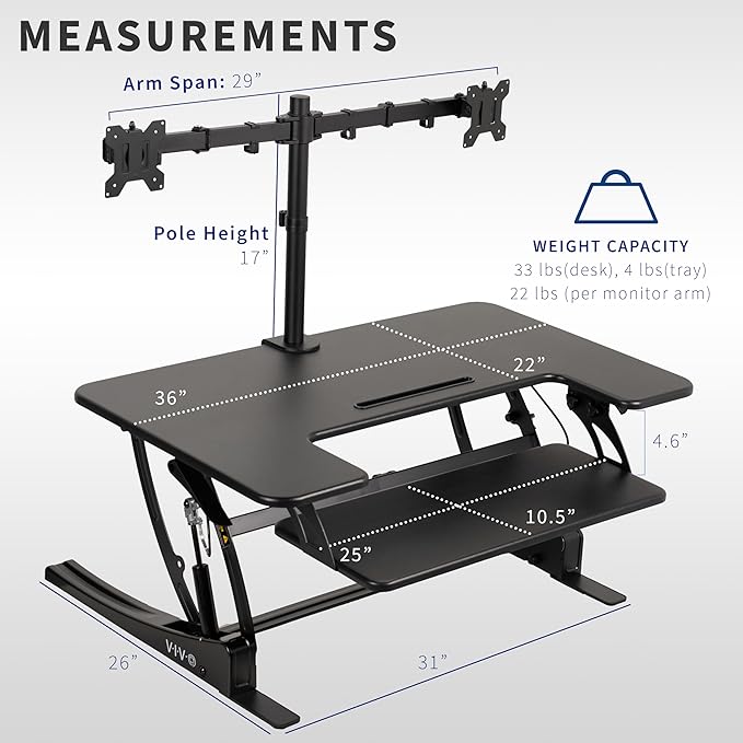 VIVO 36 inch Standing Desk Converter with Dual Monitor Mount Arms for up to 30 inch Screens, Height Adjustable Desk Riser, Black, DESK-KIT-0V02