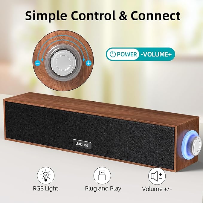 Computer Speakers,Wooden Multimedia Digital Speaker,USB Powered 3.5mm AUX PC Speakers,Surround Sound Portable Computer Sound Bar Speaker for Desktop Laptop (Brown)