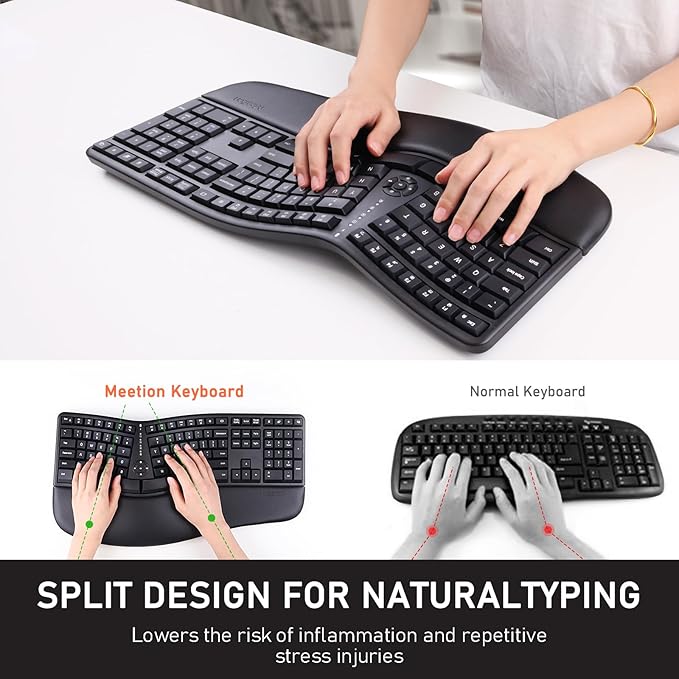 MEETION Ergonomic Keyboard Wireless, Split Curved Keyboard with Cushioned Wrist Palm Rest, 2.4G Cordless Computer keybaords, Full Size Natural Typing for Windows/Mac/Laptop/PC, Black