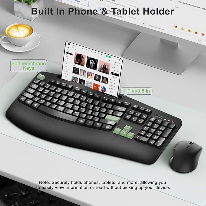 Wireless Keyboard and Mouse Combo, 2.4G Full Size Wave Keys Ergonomic Keyboard with Wrist Rest, Phone Holder, 3-Level DPI Wireless Silent Mouse with 6-Buttons, for Windows (Avocado Green and Black)