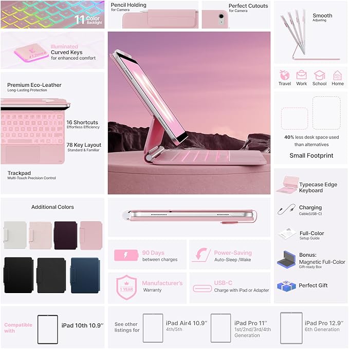 typecase Edge Keyboard Case for iPad 11th Gen A16 (2025) & 10th Gen 10.9" (2022) – Multi-Touch Trackpad, 11-Color Backlit Magic-Style Keyboard – Floating Magnetic Stand, Pencil Holder – Light Pink