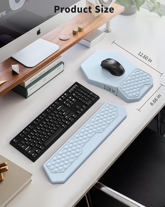 Ergonomic Mouse Pad Wrist Rest Support, Massage Design Surface for Carpal Tunnel Pain Relief, Memory Foam, Non-Slip PU Base for Computer Desk, Sky Blue