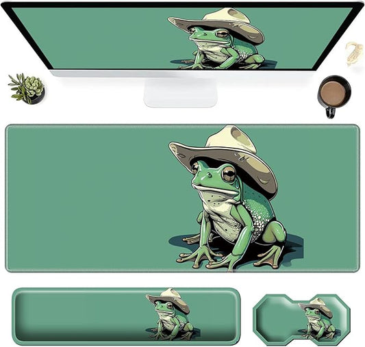 3Pcs Mouse Pad Set, Green Frog Large Gaming Mouse Pad with Stitched Edge, Ergonomic Memory Foam Keyboard Wrist Support and Mouse Wrist Rest Cushion, Pain Relief Non-Slip Desk Pad Combo