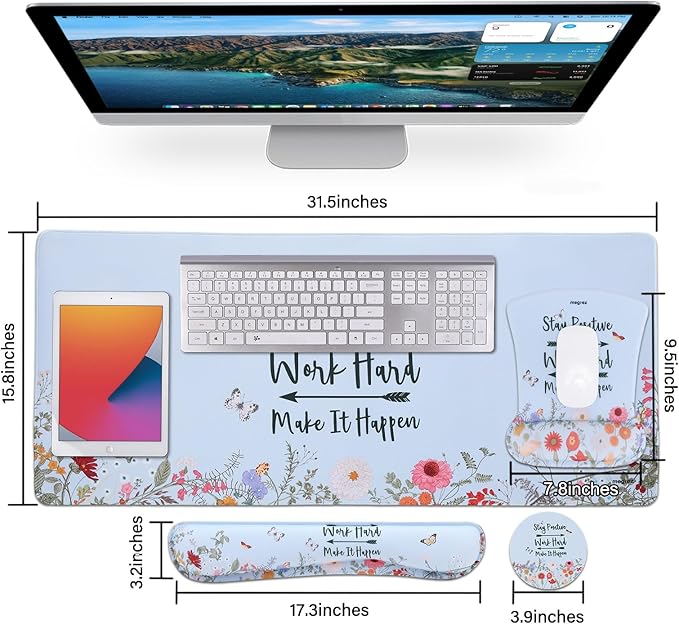 MEGREZ 4-in-1 Ergonomic Memory Foam Wrist Rest Set, Desk Pad, Mouse Pad with Wrist Rest, Keyboard Pad, Suitable for Office Workers, Programmers & Gamers–Relieve Typing & Gaming Fatigue, Light Blue