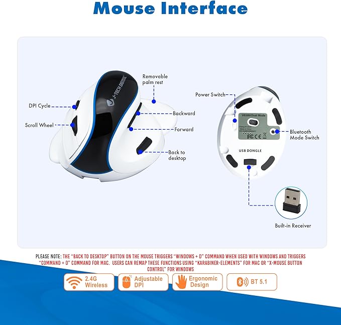 J-Tech Digital Wireless Mouse, Vertical Ergonomic Mouse with Bluetooth Dual Modes + USB Dongle + Rechargeable w/ 2.4GHz Wireless + Adjustable DPI 3200 for Laptop, Desktop, PC, Mac [V638W], White