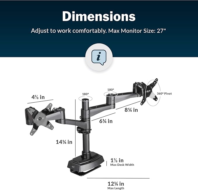 Vari Dual Monitor Arm 180 Degree - VESA Compatible Mount w/ 180 Degree Adjustment - Monitors up to 27 inches, 19.8 lbs - Double Arms for Compact Spaces - Computer Monitor Stand for Home or Office