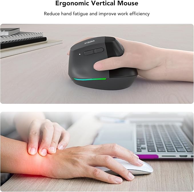 KYSONA Wireless Ergonomic Mouse, Vertical Mouse, Bluetooth Ergo Mouse, Quiet Click, 5 Level Adjustable DPI(800/1200/2400/2400/4000), Rechargeable 2.4G Mice Computer, PC, Mac, Laptop, Black