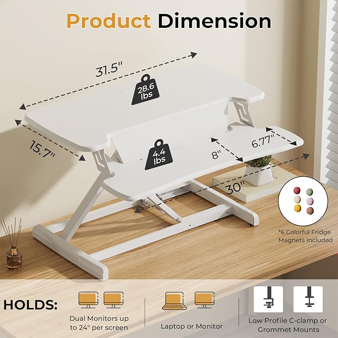JOY worker Standing Desk Converter, 32" Height Adjustable Sit Stand Up Desk Riser with Keyboard Tray & 6 Fridge Magnets, Desktop Workstation Riser for Home Office Computer Laptop, White