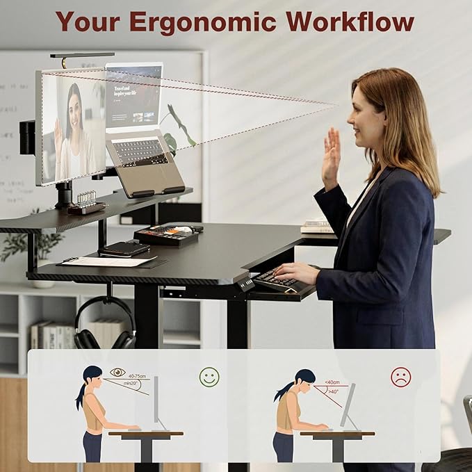 59 Inch L Shaped Standing Desk with Shelves and Keyboard, Electric Corner Standing Desk Adjustable Height, Sit Stand Computer Table with Reversiable Splice Board,Black Carbon Top