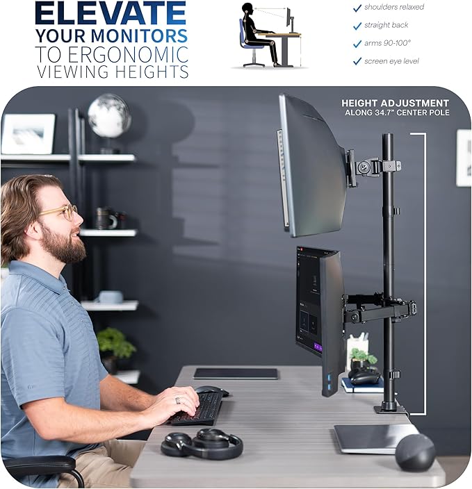 VIVO Triple Monitor Extra Tall Desk Mount for up to 49 inch Ultrawides on Center Bracket and 27 inch Screens on Side Brackets, Holds up to 44 lbs, Black, STAND-V103T