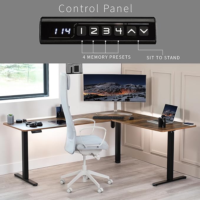 VIVO Corner Standing Desk, 75 x 63 inch Reversible L-Shaped Workstation, Electric Height Adjustment, Home, Office, and Reception Rooms, Rustic Vintage Brown Table Top Black Frame, DESK-E3CTN-75